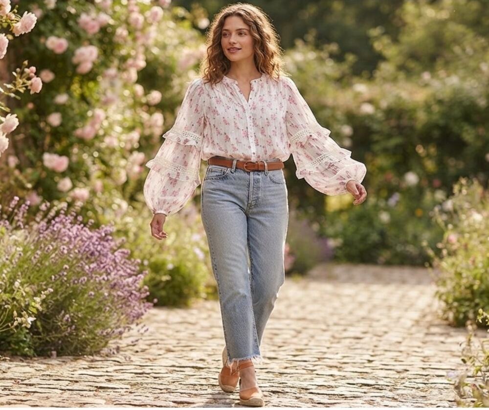 Let Me Be Floral Blouse Size US 4 Pink White Crinkle Chiffon Ruffle Lace Sleeve